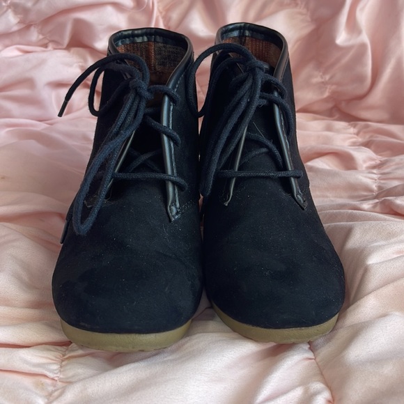 Black Suede Lace Up Wedge Booties - Picture 4 of 5
